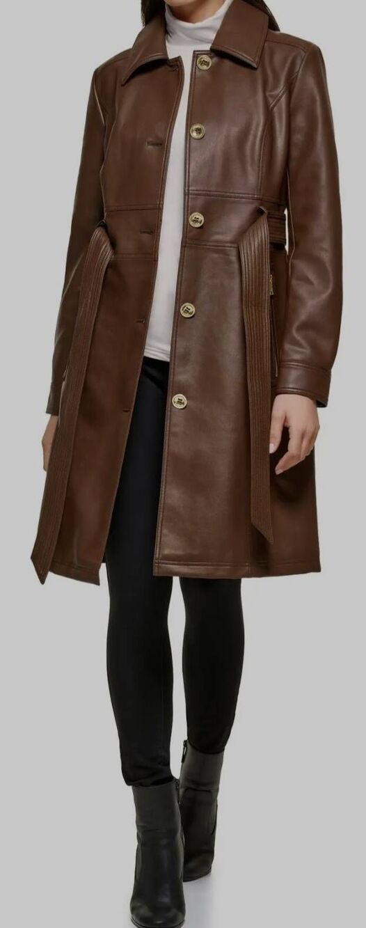 Guess Medium Faux Leather Belted Trench Coat in chocolate brown (R) - Picture 3 of 11